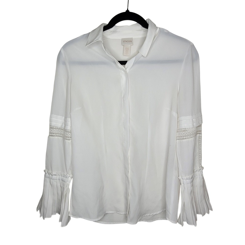 Chico's Long Pleated Sleeves Lace White Button Up Womens Blouse Sz 00 XS Classic